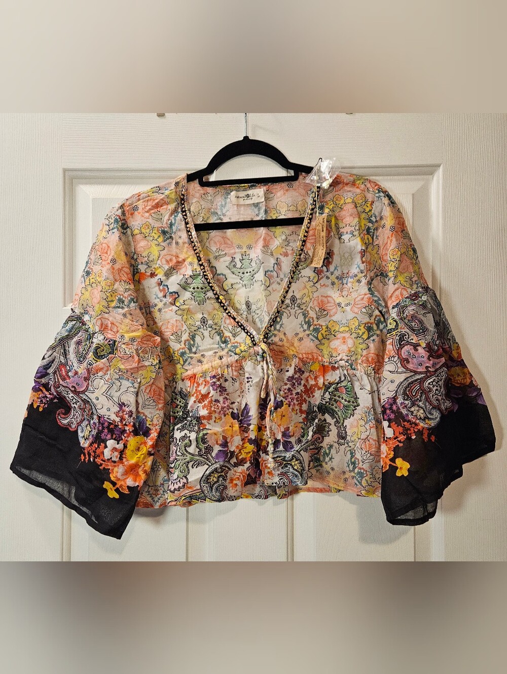 Natural Life Isabella Cotton Top NWT Boho Paisley Floral Sequin Bell Sleeve